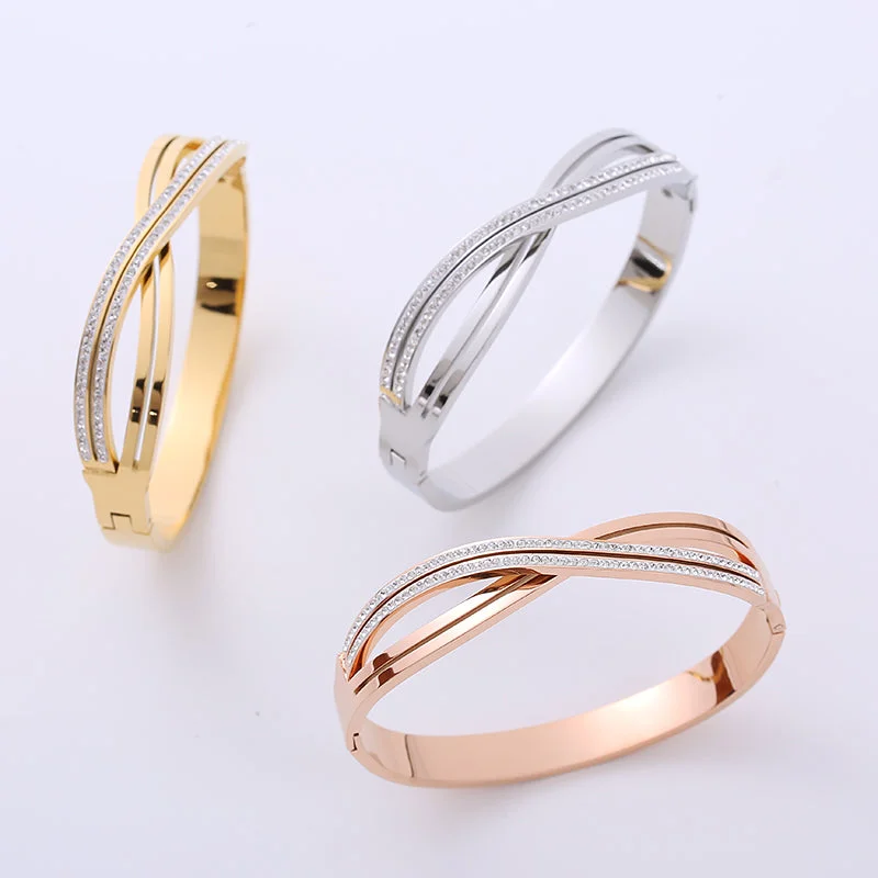 Women’s leather bracelets-Elegant Lines Stainless Steel Criss Cross Rhinestones Bangle 1 Piece