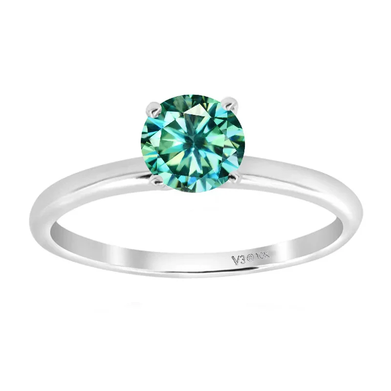 Women’s floral engagement rings-White Gold Round Shape Green Moissanite Solitaire Ring