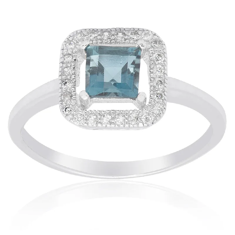 Women’s layered rings-Dolce Giavonna Sterling Silver London Blue Topaz and Cubic Zirconia Square Solitaire Ring