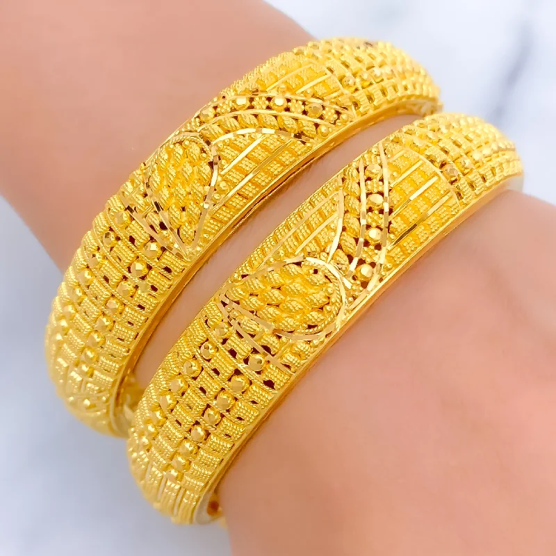 Women’s leather bracelets-Dressy Paisley Accented 22k Gold Bangle Pair