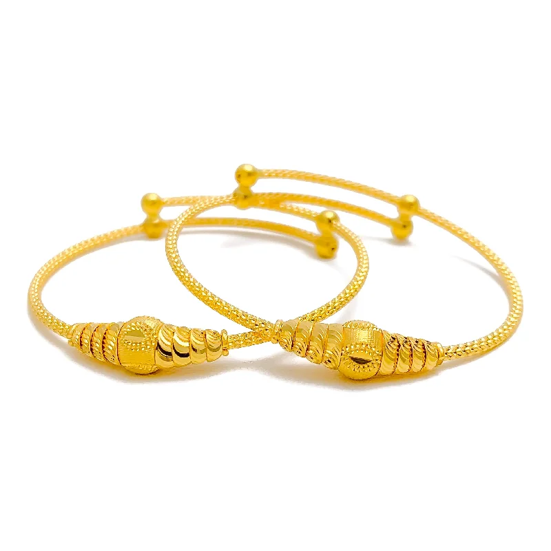 Women’s zodiac bracelets-Shiny Leaf Accented Orb 22k Gold Baby Bangles