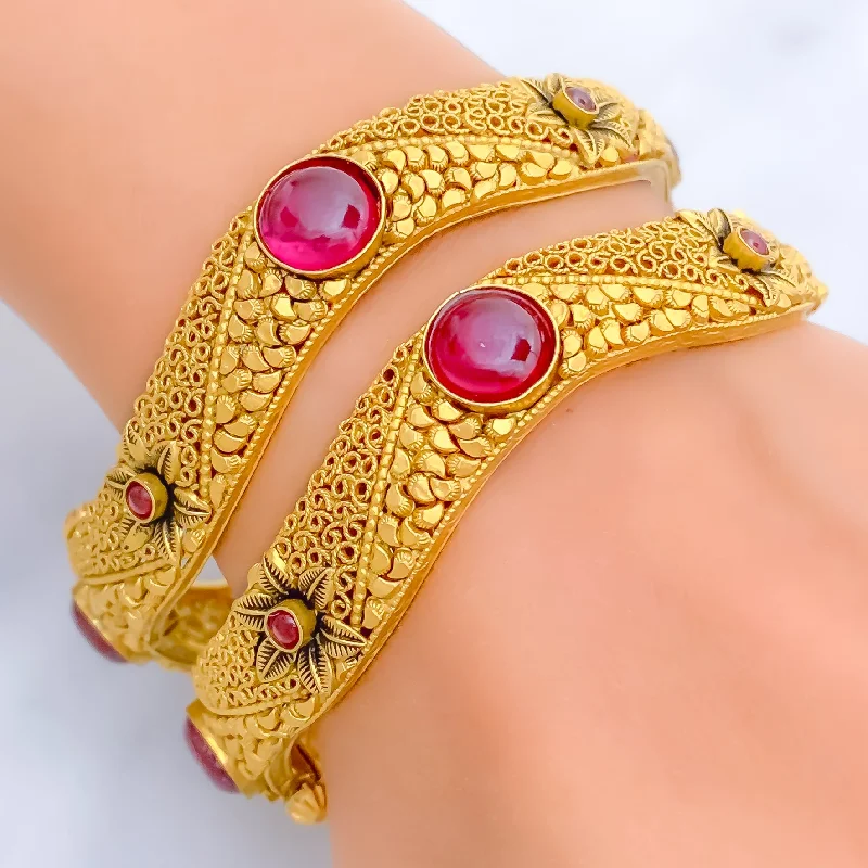 Women’s wide cuff bracelets-Artistic Brilliant 22k Gold Antique Bangles