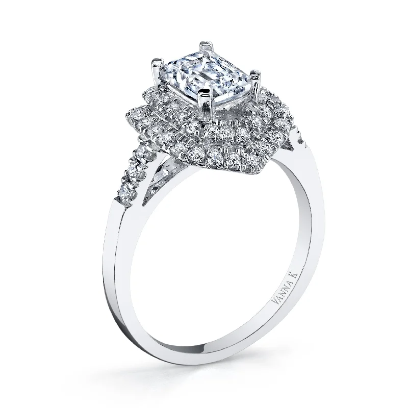 Women’s gemstone engagement rings-18K White Gold Double Halo Diamond Engagement Ring