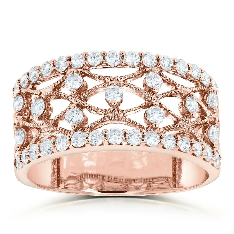 Women’s vintage engagement rings-Annello by Kobelli 10k Rose Gold 3/5ct TDW Wide Lacework Filigree Diamond Anniversary Ring