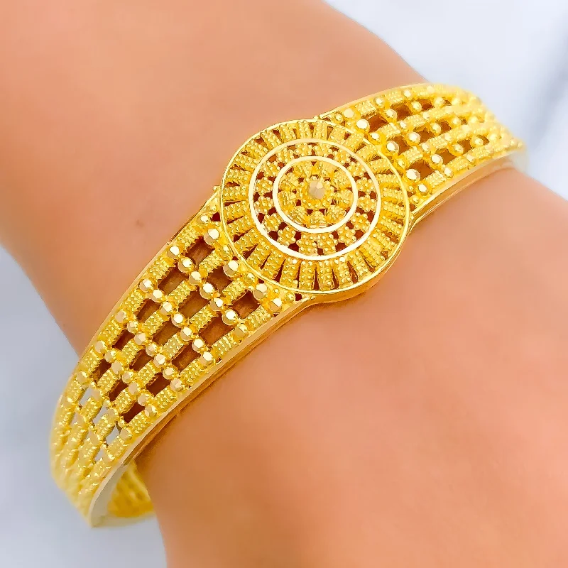 Women’s silver bracelets-Floral Tapering 22k Gold Screw Bangle