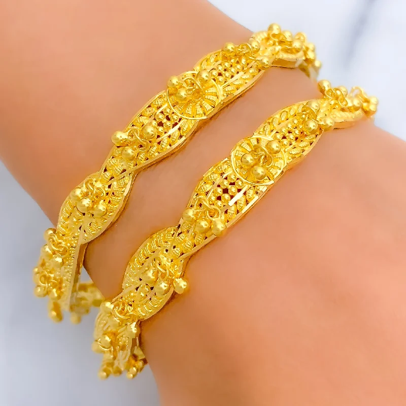 Women’s trendy bangles-Festive Tasseled 22k Gold Bangle Pair