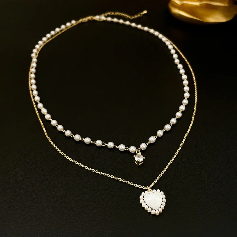 8# Necklace-Gold Pearl Heart Double Layer