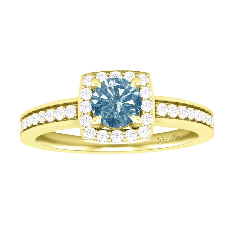 Women’s custom-made rings-Yellow Gold with Blue Moissanite and White Diamond Halo Ring