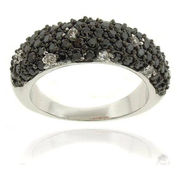 Women’s silver band rings-Dolce Giavonna Silver Overlay Cubic Zirconia Black and White Dotted Ring