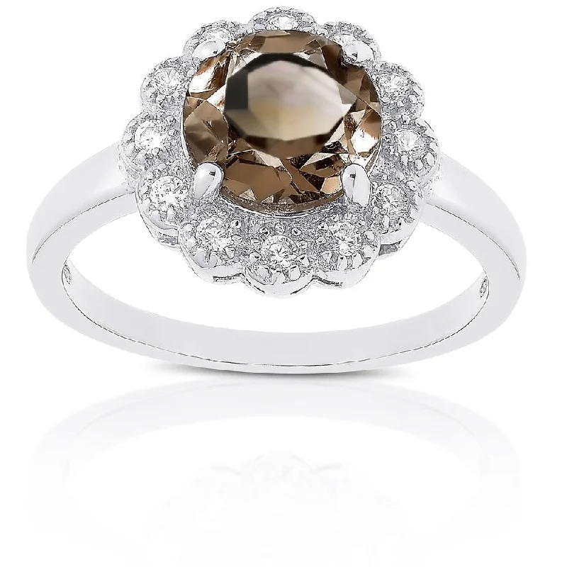 Women’s emerald cut rings-Dolce Giavonna Sterling Silver Smokey Quartz and White Topaz Flower Ring