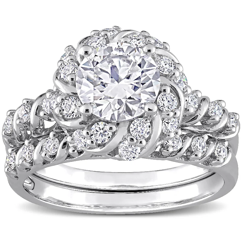 Women’s crown rings-Miadora 1 7/8ct DEW Moissanite Floral Swirl Halo Bridal Ring Set in Sterling Silver