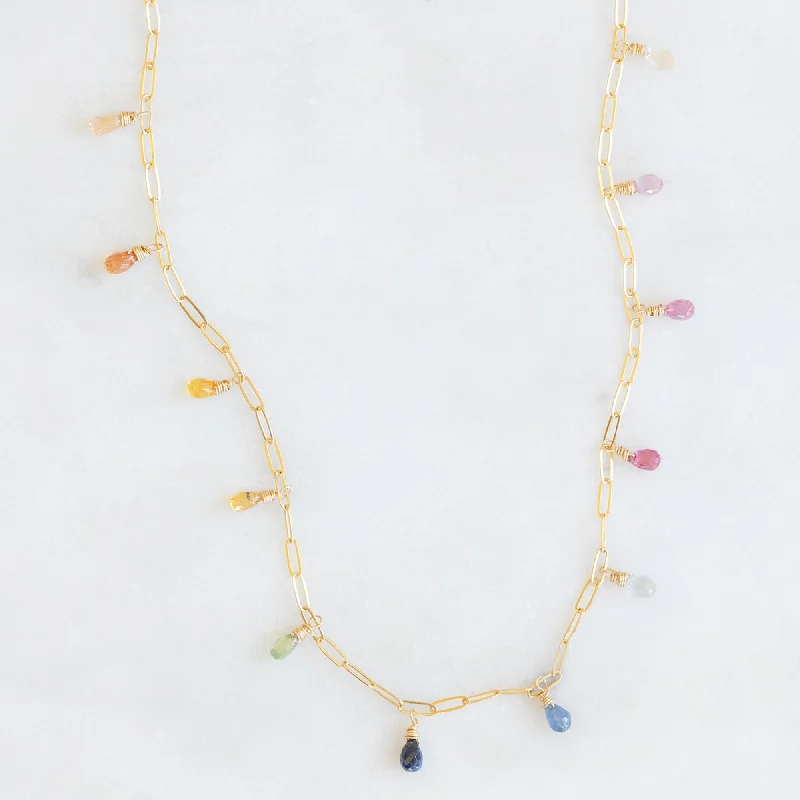 Women’s nature-inspired necklaces-The Rainbow Sapphire Briolette Necklace | Gold Filled