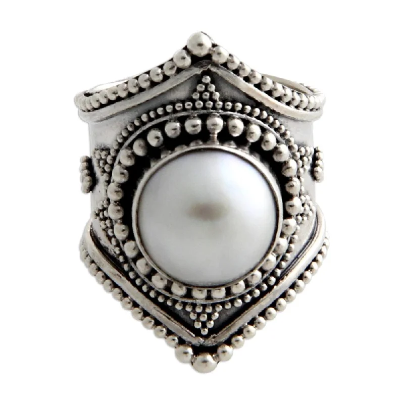 Women’s skull rings-Handmade Sterling Silver 'Glowing Cloud' 12mm Pearl Ring (Indonesia) - White