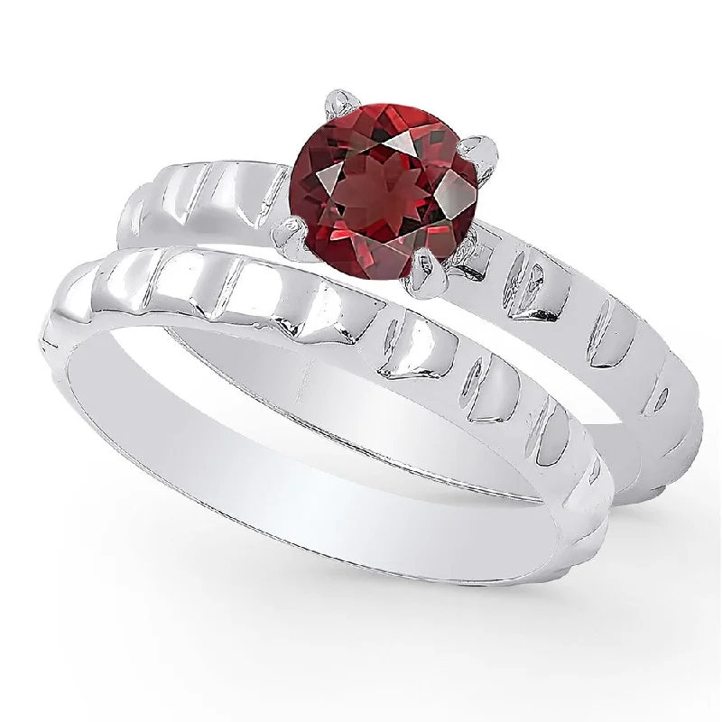 Women’s ruby rings-Dolce Giavonna Sterling Silver Garnet Solitaire Bridal Ring Set