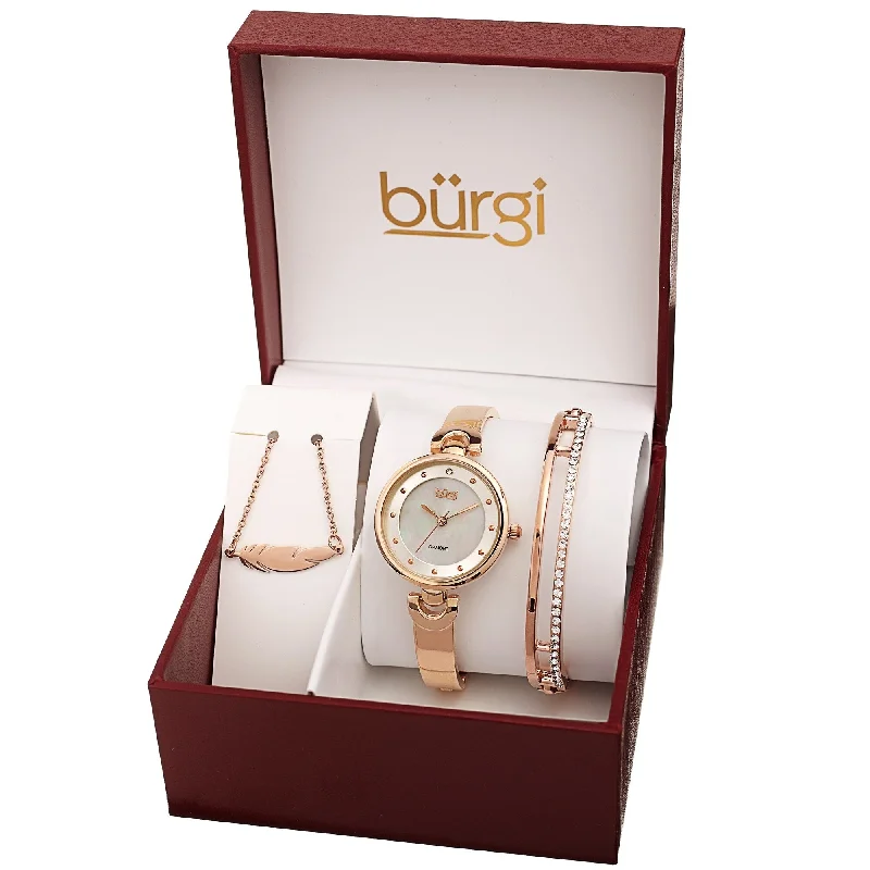 Women’s vintage bracelets-Burgi Women's Leaf Pendant Swarovski Bangle Diamond Watch Fashion Box Set