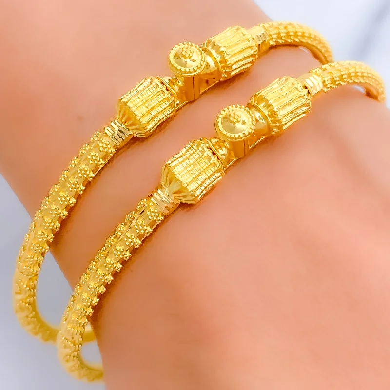 Women’s sparkling bracelets-Ornate Striped Drum 22k Gold Pipe Bangles