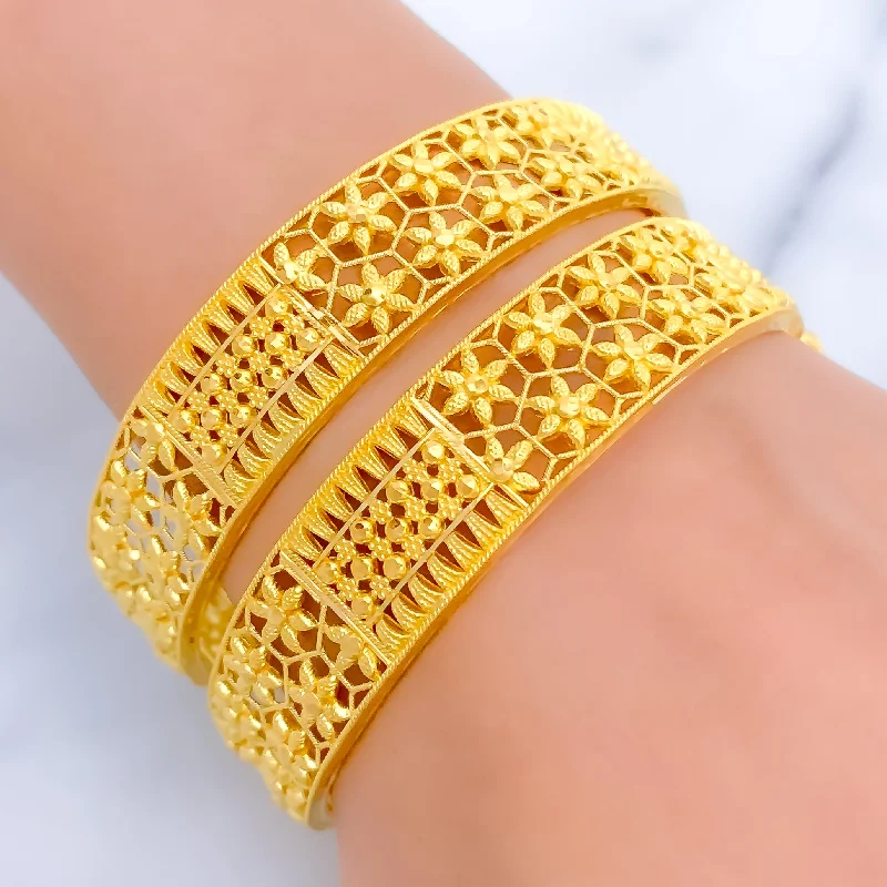 Women’s nature-inspired bracelets-Decorative Floral Jali 22k Gold Bangle Pair