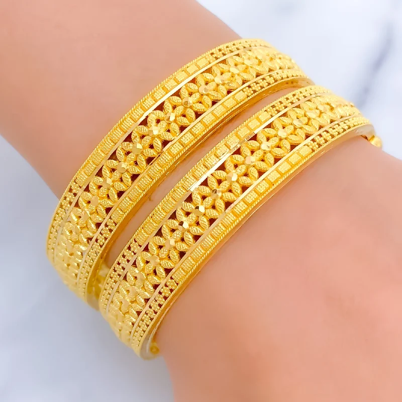 Women’s crystal bangle bracelets-Fascinating Floral 22k Gold Bangle Pair