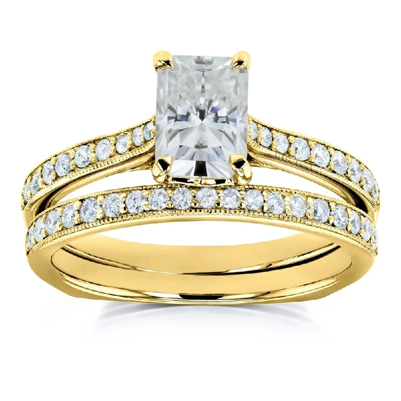 Women’s engagement rings-Annello by Kobelli 14k Gold 1 3/5ct TGW Radiant Moissanite and Diamond Euro-BandTrellis Bridal Rings Set (GH/VS, GH/I)