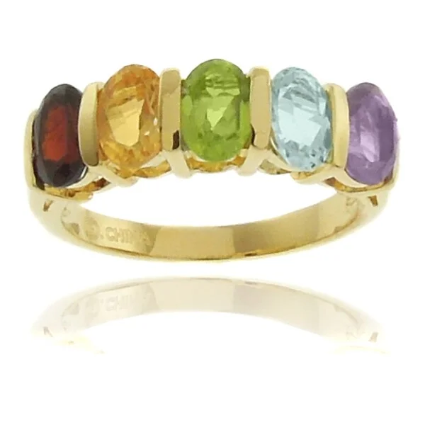 Women’s personalized birthstone rings-Dolce Giavonna 18k Gold Overlay Multi-gemstone 5-stone Ring with Red Bow Gift Box