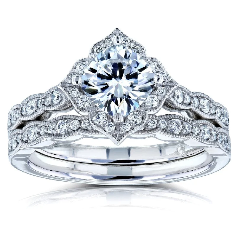 Women’s custom-made rings-Annello by Kobelli 14k White Gold 1 2/5ct TGW Cushion Moissanite (DEF) and Diamond Floral Bridal Rings Set