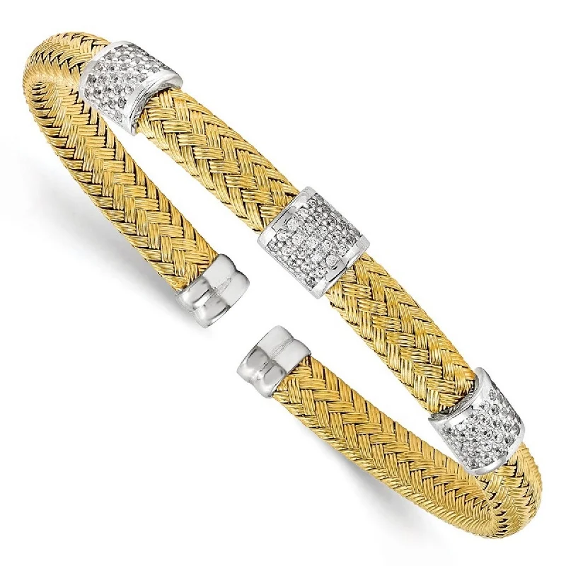 Women’s wide cuff bracelets-Curata 925 Sterling Silver Polished Yellow Rhodium CZ Cubic Zirconia Simulated Diamond Woven Flexible Cuff Stackable Bangle