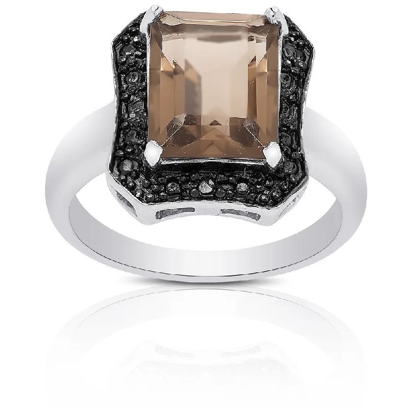 Women’s eco-friendly rings-Dolce Giavonna Sterling Silver Smokey Quartz and Diamond Accent Square Ring