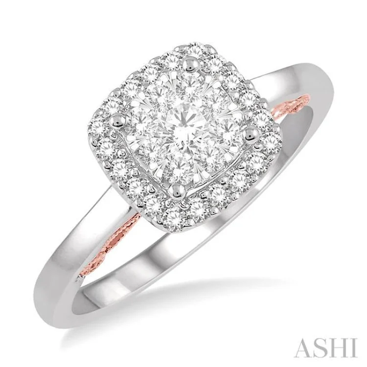 Women’s heirloom engagement rings-1/2 Ctw Cushion Shape Lovebright Round Cut Diamond Ring in 14K White and Rose Gold