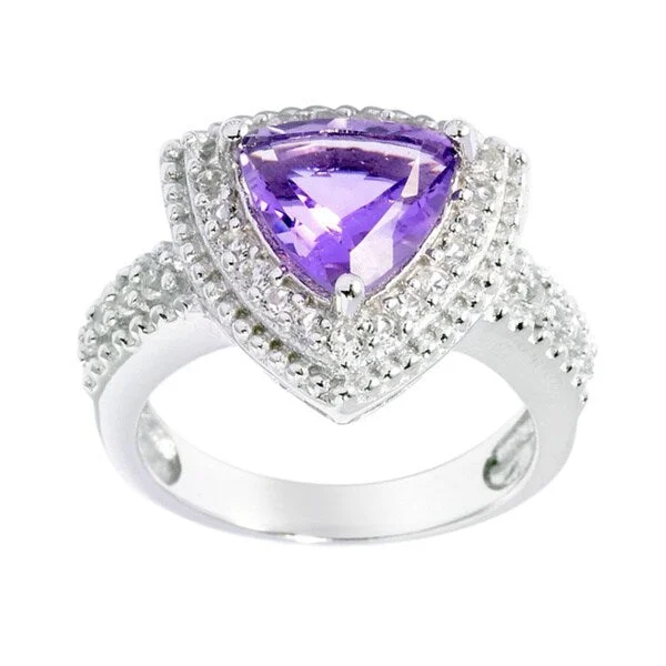 Women’s rose gold wedding bands-Sterling Silver Trillion-cut Amethyst White Topaz Halo Ring