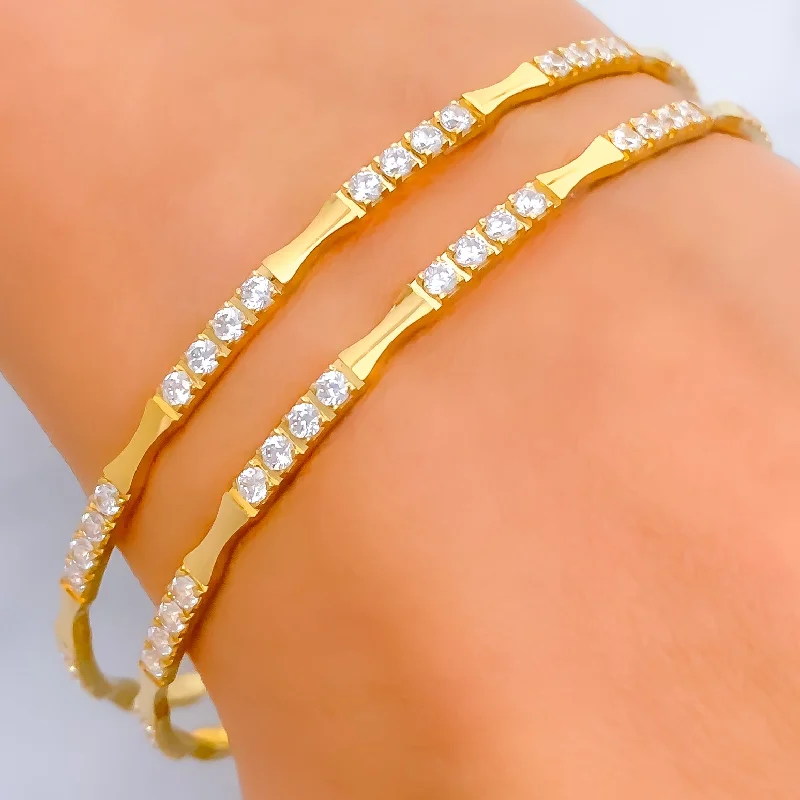 Women’s high-end bracelets-Glistening Slender 22k Gold CZ Bangle Pair