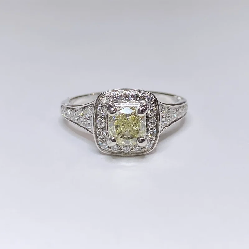 Women’s emerald solitaire engagement rings-5/8ct Fancy Yellow Cushion Cut Diamond Ring 14k