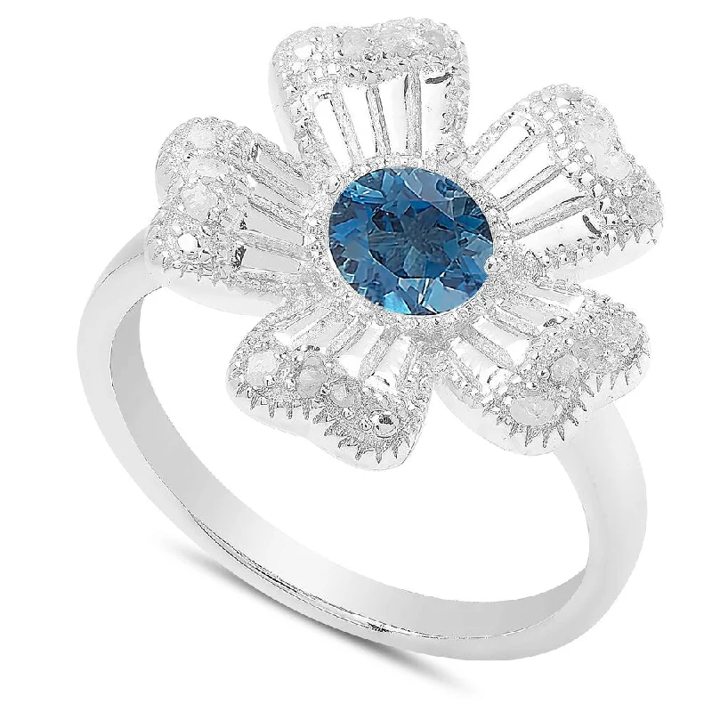 Women’s heart rings-Dolce Giavonna Sterling Silver London Blue Topaz and Diamond Accent Flower Ring