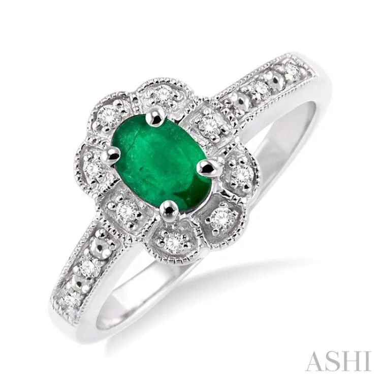 Women’s simple engagement rings-6x4 mm Oval Cut Emerald and 1/20 ctw Single Cut Diamond Ring in Sterling Silver