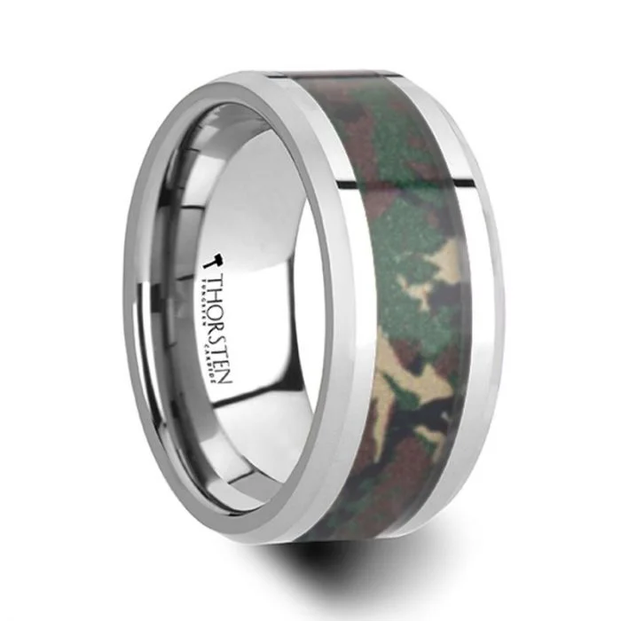 Women’s rose gold sapphire engagement rings-COMMANDO Tungsten Wedding Ring with Military Style Jungle Camouflage Inlay