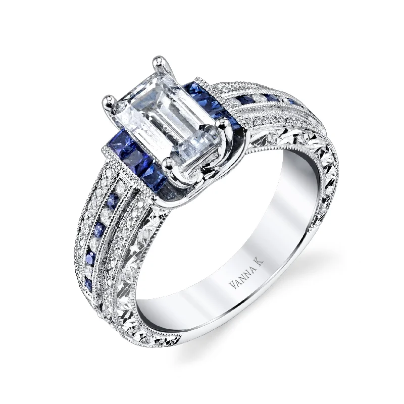 Women’s antique-inspired diamond engagement rings-18K White Gold Diamond And Sapphire Engagement Ring