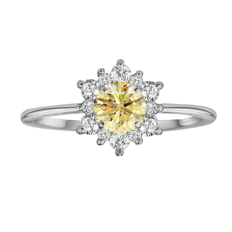 Women’s rose gold rings-Sterling Silver Yellow Moissanite and White Topaz Flower Ring