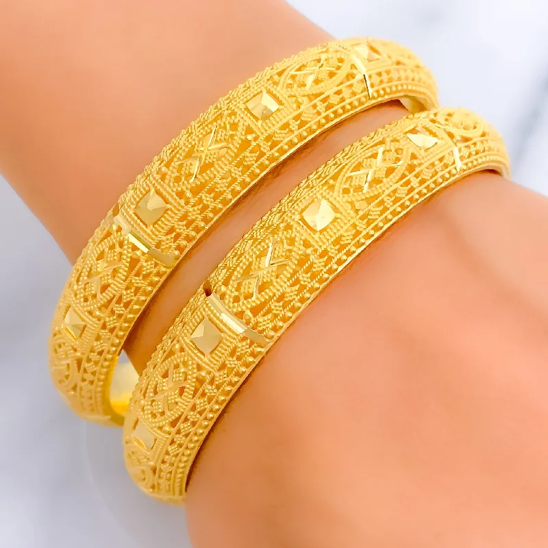 Women’s trendy bracelets-Intricate Ornamental 21k Gold Netted Bangles