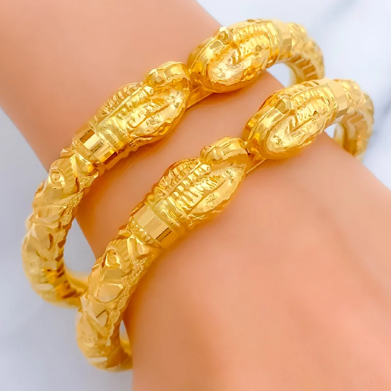 Women’s engraved bangles-Glistening Elephant Faced 22k Gold Pipe Bangles