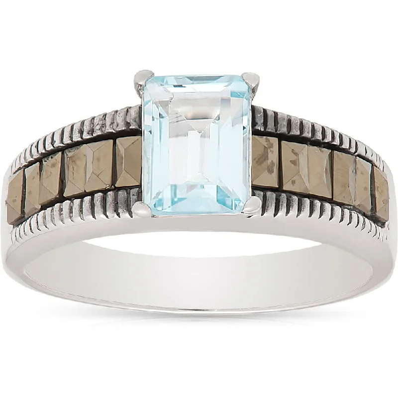 Women’s fancy diamond rings-Dolce Giavonna Sterling Silver Marcasite and Blue Topaz Ring