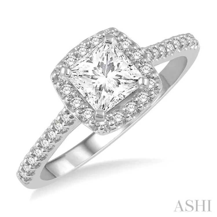 Women’s unique engagement rings-1 ctw Cushion Shape Round Cut Diamond Engagement Ring With 3/4 Princess Cut Center Stone in 14K White Gold