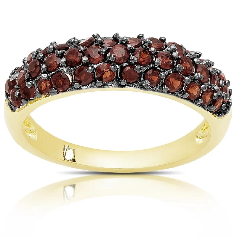 Women’s layered rings-Dolce Giavonna Gold Over Silver Three Row Garnet Ring