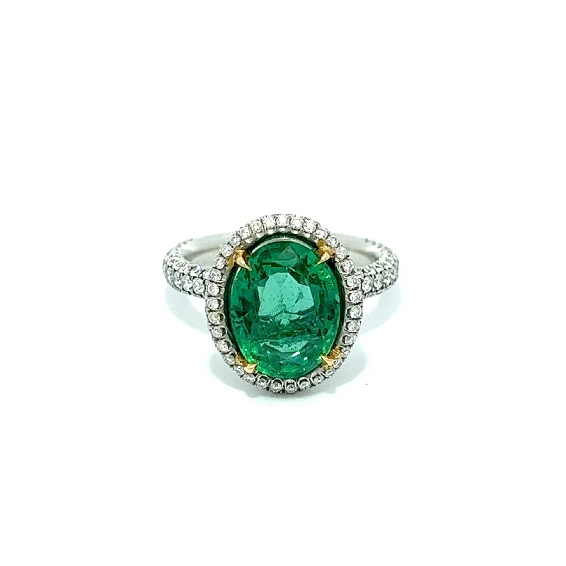 Women’s three-stone diamond engagement rings-4.91 Total CT Natura Ovall Colombian Emerald & Diamond Ring PLAT Setting GIA.