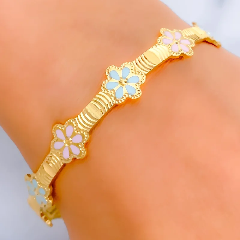 Women’s oval bracelets-Multi-Color Flower 22k Gold Bangle