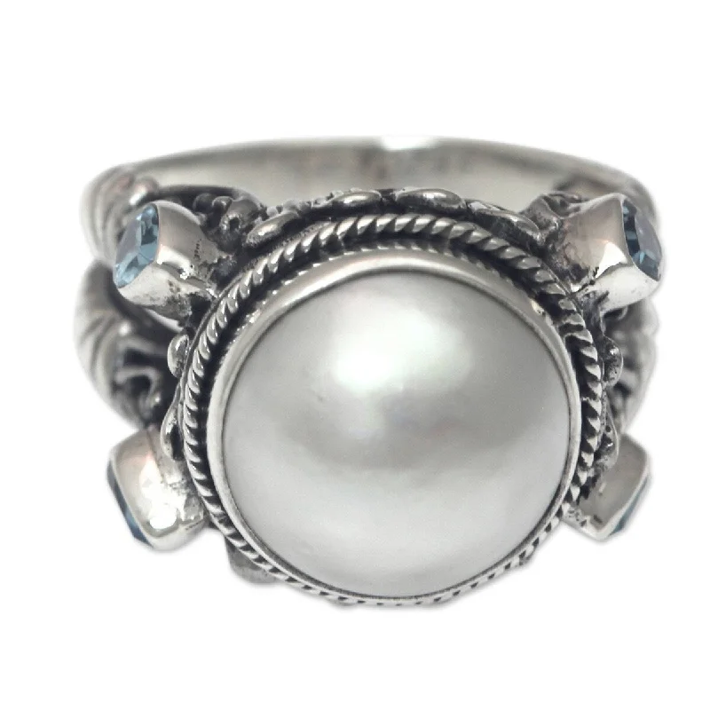 Women’s modern rings-NOVICA Joyful Moon, Cultured pearl and blue topaz cocktail ring