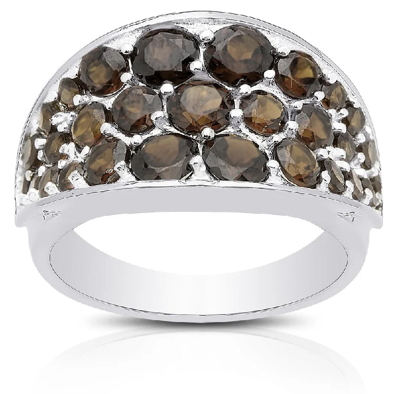 Women’s gemstone rings-Dolce Giavonna Sterling Silver Smokey Quartz Cluster Ring