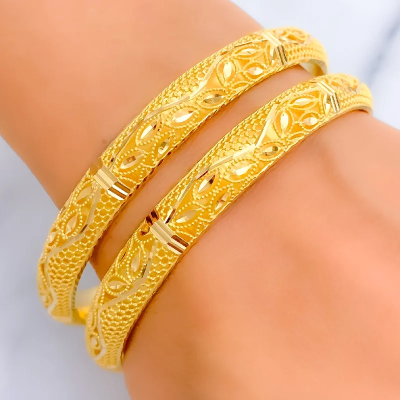 Women’s elegant bracelets-Extravagant Leaf Adorned 21k Gold Bangles