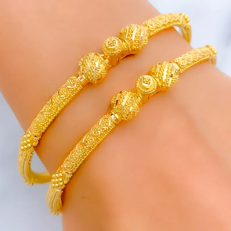 Women’s sparkling bracelets-Beaded Floral Striped 22k Gold Pipe Bangles