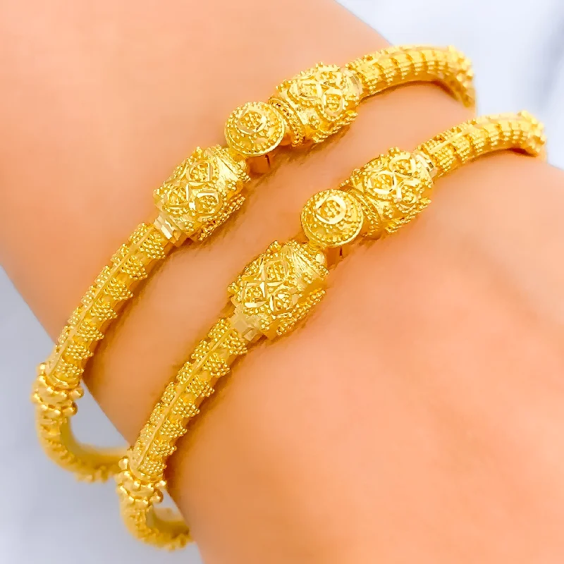 Women’s simple bracelets-Subtle Everyday Striped 22k Gold Pipe Bangles