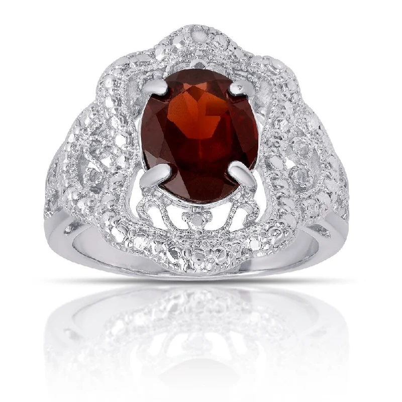 Women’s platinum rings-Dolce Giavonna Silverplated Garnet and Diamond Accent Antique-style Ring