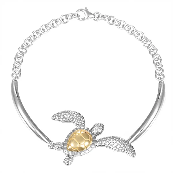 Women’s boho bracelets-Life@Sea Genuine Sterling Silver & 14k Yellow Gold Sea Turtle Bangle